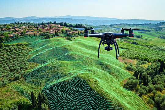 Drone mapping agricultural land, creating a digital terrain model with contour lines, promoting precision farming and sustainable agriculture