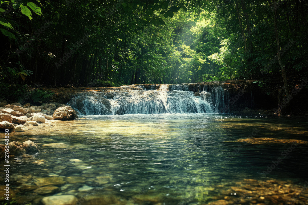 Poster Serene waterfall cascading through lush green forest, sunlight filtering through canopy.