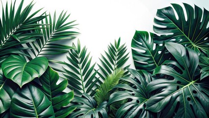 Exotic tropical foliage border, dark green leaves against a bright white background, captured at night.