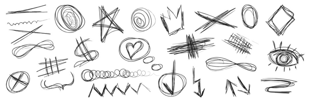 Hand drawn doodle, brush geometric shape pencil effect background. Brush line shape background abstract texture paint set. Vector illustration