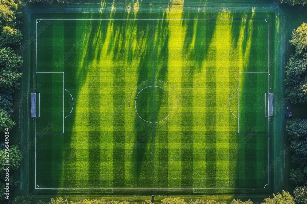 Poster aerial view of an empty soccer field with stripes of mowed grass creating a geometric pattern