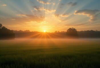 Obraz premium Sunrise over a serene field with golden rays piercing through the clouds casting a warm glow on the lush greenery and distant mountains
