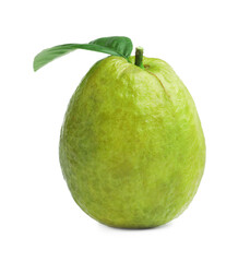 One fresh guava fruit with leaf isolated on white