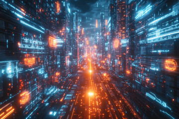 A futuristic city, glowing with vibrant orange and blue neon lights, resembling a digital landscape of data streams and code.