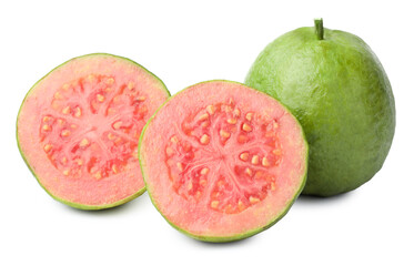 Fresh whole and cut guava fruits isolated on white