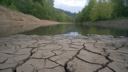 Dried riverbed reveals cracked earth at water's edge surrounded by lush green trees under cloudy skies