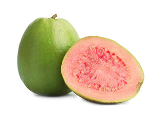 Fresh whole and cut guava fruits isolated on white