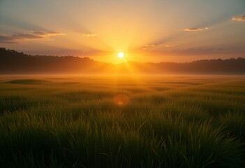 Obraz premium Sunrise over a serene field with golden rays piercing through the clouds casting a warm glow on the lush greenery and distant mountains