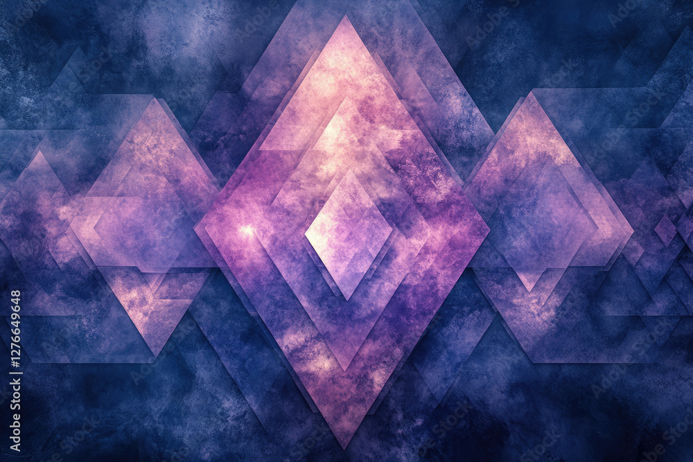 Poster abstract geometric art featuring overlapping purple and blue diamond shapes on a textured background