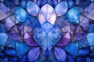 Abstract art featuring a symmetrical design of overlapping, translucent blue and purple shapes,...