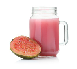 Tasty guava juice in mason jar and fresh fruit isolated on white