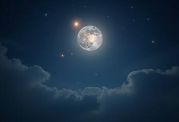Fototapeta premium Glowing full moon with visible craters accompanied by bright stars and scattered clouds in a dark blue night sky evoking a sense of mystery and awe