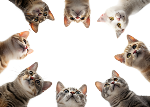 Group of cats looking up from a white background at a playful gathering showcasing various breeds and expressions of curiosity