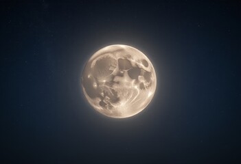 Obraz premium Glowing full moon with visible craters accompanied by bright stars and scattered clouds in a dark blue night sky evoking a sense of mystery and awe