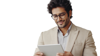 Indian Man in Formal Suit Holding a Tablet on White Background