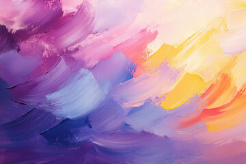 Abstract painting with vibrant purple, pink, yellow, and orange hues in thick brushstrokes.