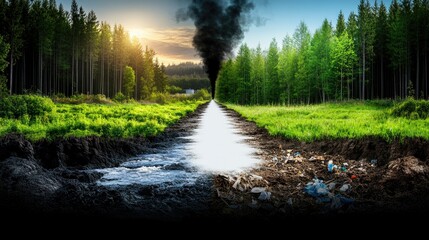 Obraz premium Contrast between a pristine forest and polluted land shows environmental decline in a once lush landscape at sunset