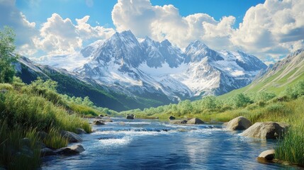Fototapeta premium Majestic snow-capped mountains and clear river under a cloudy blue sky in summer landscape