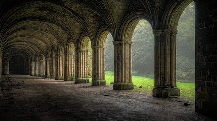 Ancient Stone Columns Archway Leading To Green Field