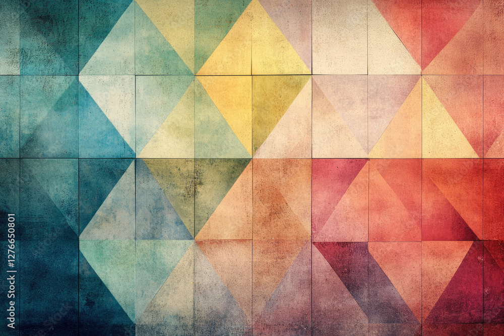 Poster Abstract geometric pattern of colorful triangles on textured surface.