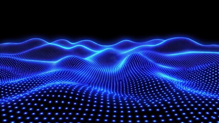 Glowing blue digital grid landscape with futuristic lights and wavy surface