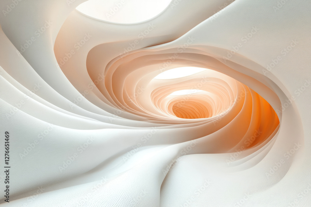 Poster Abstract 3D rendering of a swirling, tunnel-like structure with soft, light-orange and white colors.