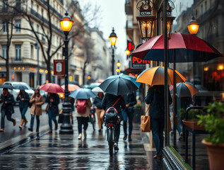 Rainy urban afternoon with colorful umbrellas adorning the busy streets of a European city
