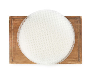 Stack of edible rice paper sheets isolated on white, top view