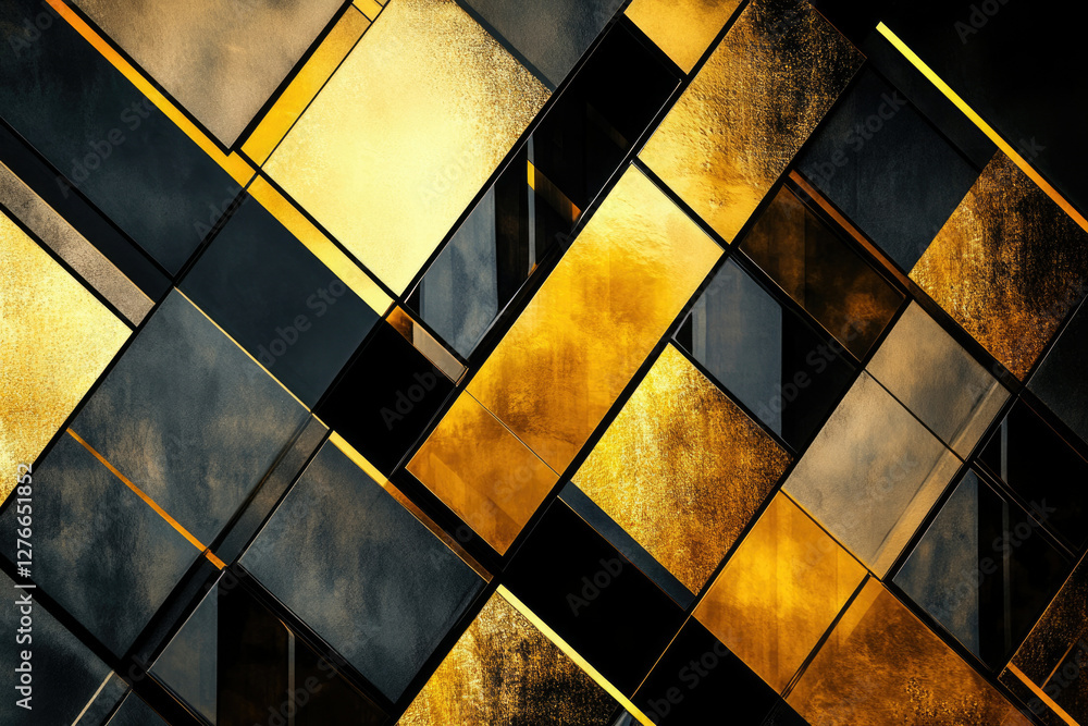 Poster abstract geometric pattern with gold and black squares, creating a luxurious and modern design.