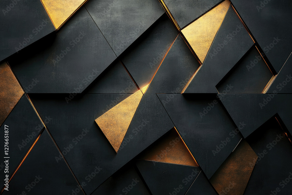 Poster abstract geometric pattern with black and gold triangles, creating a luxurious and modern design.