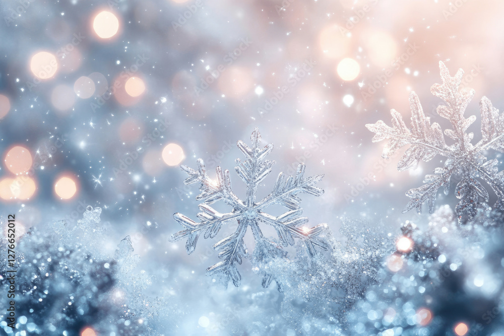 Poster sparkling snowflakes rest on a snowy surface, illuminated by soft, warm lights, creating a magical w