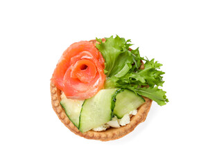 Delicious tartlet with salmon and cucumber isolated on white, top view