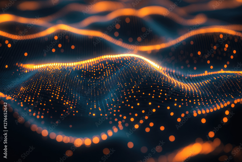 Poster abstract digital wave of glowing orange particles on dark background. data visualization concept.