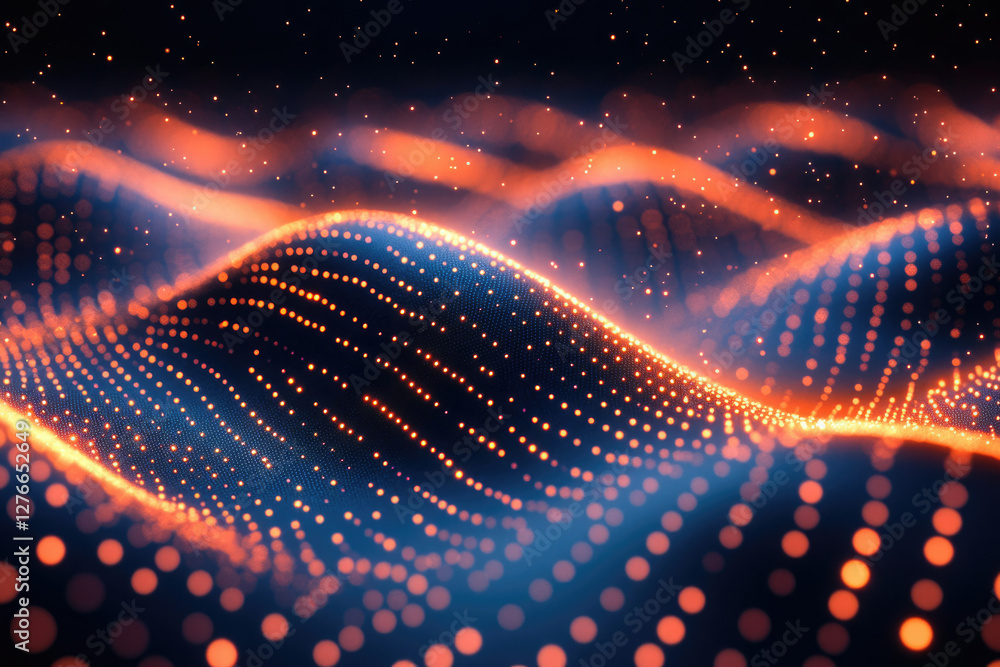 Poster abstract digital landscape of glowing particles forming undulating waves in vibrant orange and blue 