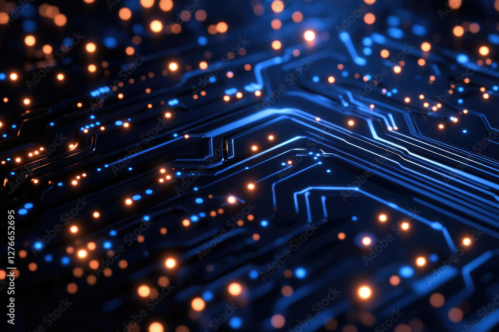 Poster Abstract close-up of a circuit board with glowing nodes, representing digital technology and connectivity.