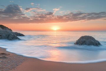 Fototapeta premium Serene sunrise over tranquil ocean beach with gentle waves lapping sandy shore.
