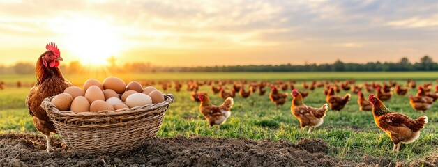 A Rhode Island Red chicken stands proudly alongside a basket filled with fresh, vibrant eggs, all set against a picturesque farm bathed in warm sunlight