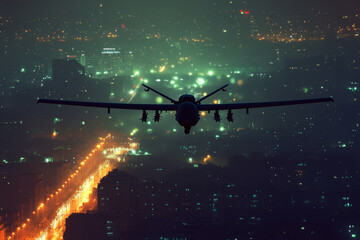 Drone flies over a brightly lit cityscape at night