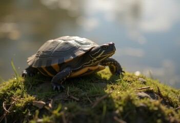 Obraz premium Turtle with patterned dark shell exploring mossy ground in a natural outdoor environment, showcasing its detailed texture and unique appearance