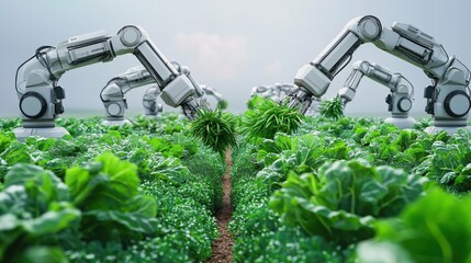 Futuristic Farming Concept Showcases Automated Robotic Arms Harvesting Organic Vegetables in a Lush Agricultural Field