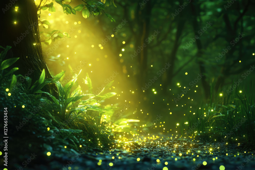 Poster enchanted forest path illuminated by fireflies at dusk, magical scene.