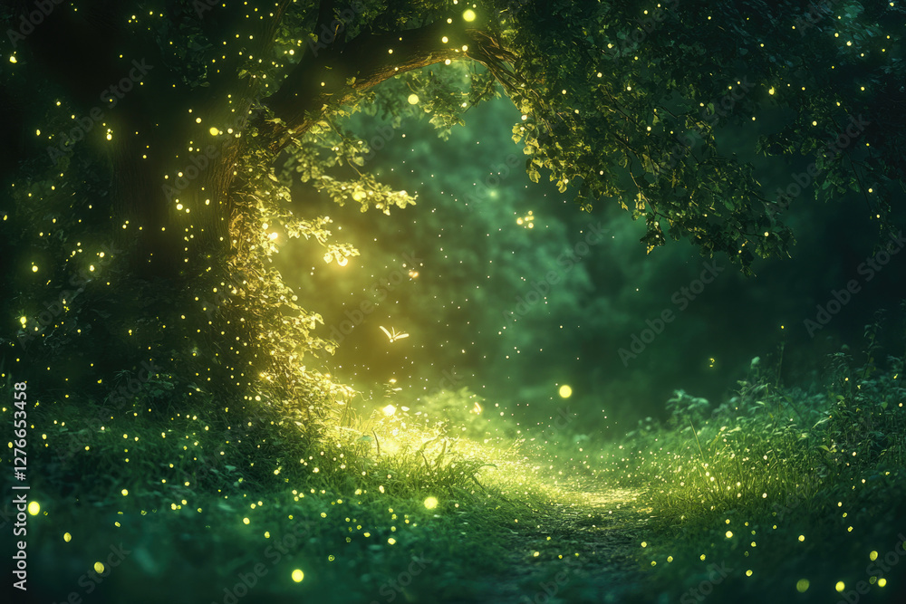 Poster enchanted forest path at night, glowing with fireflies and soft light.