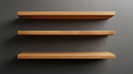 Three wooden shelves on gray wall: stylish minimalist interior design