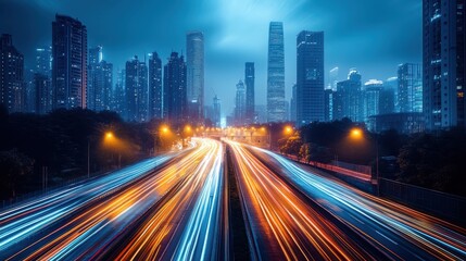 Obraz premium Long exposure of vibrant city streets at night with blurred light trails from passing traffic