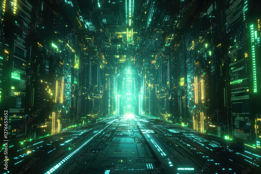 Aufkleber A futuristic digital tunnel with glowing green and yellow circuits, creating a vibrant and technological scene.