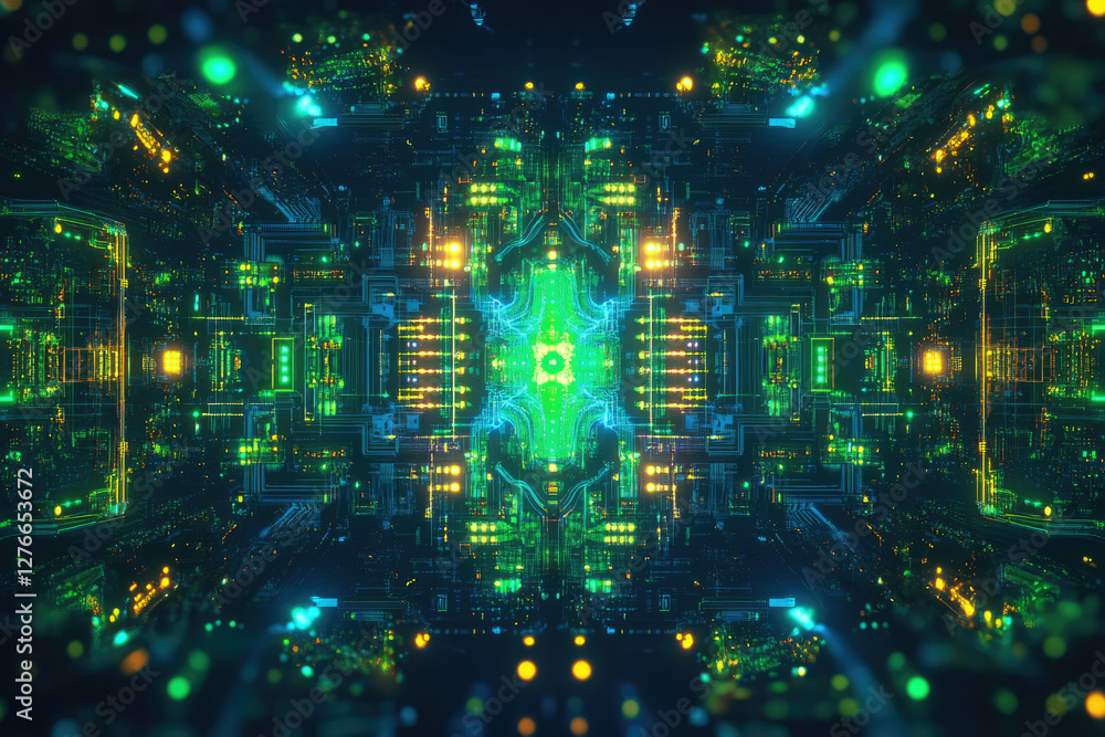 Poster abstract digital art depicting a futuristic, glowing circuit board with symmetrical patterns and vib