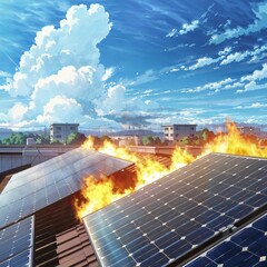 Fire and flames due to short circuit in solar panels on the roof of a house