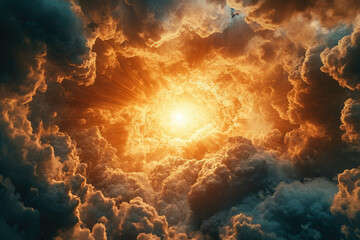 Radiant light bursts through dark clouds, creating a celestial, dramatic, and awe-inspiring scene.
