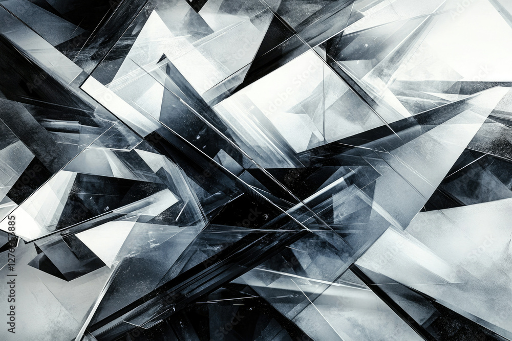Aufkleber Abstract grayscale image featuring an intricate arrangement of overlapping geometric shapes, creating a complex and dynamic composition.