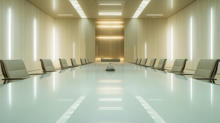 Elegant Minimalist Boardroom Featuring a Long Glass Table and Ambient Lighting, Ideal for Modern Corporate Meetings